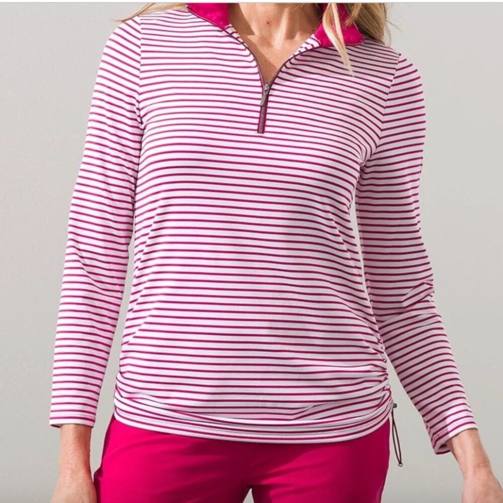 Chico's Zenergy Women's White and Magenta UPF Stripe Bungee Pullover in XL‎